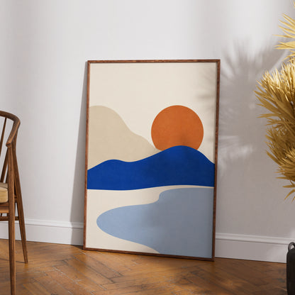Cobalt Horizon Abstract Landscape Print, Minimalist Sunset Wall Art, Blue Orange Boho Poster