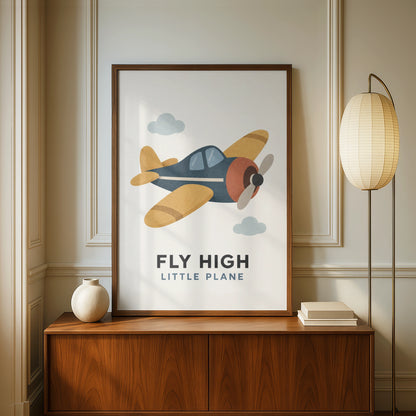 Fly High Little Plane Kids Poster, Vintage Aeroplane Wall Art, Boys Nursery Print