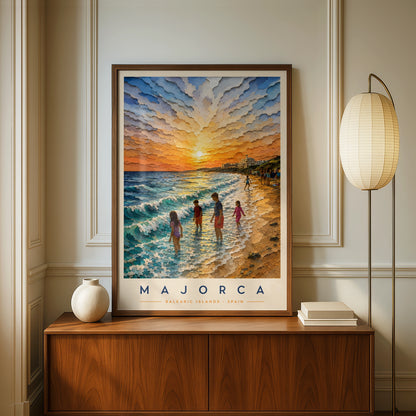 Majorca Travel Poster, Balearic Islands Spain Beach Sunset Wall Art Print