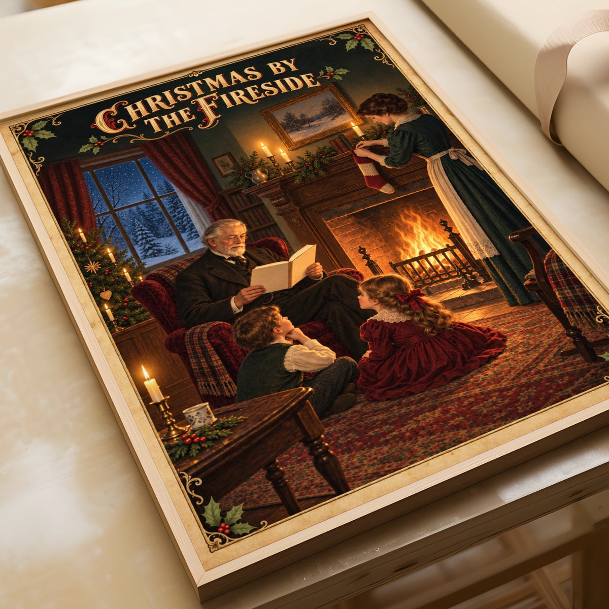 Christmas by the Fireside Poster, Victorian Family Print, Vintage Holiday Wall Art