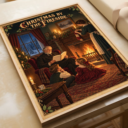 Christmas by the Fireside Poster, Victorian Family Print, Vintage Holiday Wall Art