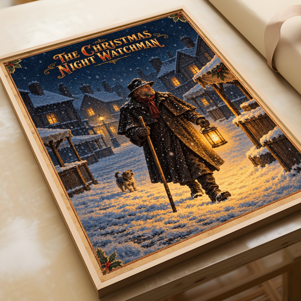 Victorian Christmas Night Watchman Poster, Snowy Village Wall Art, Vintage Festive Print