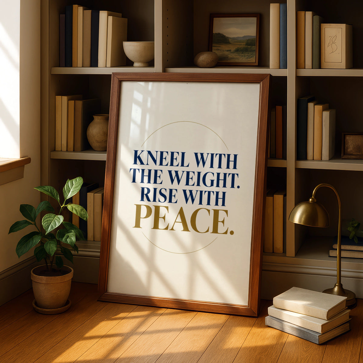 Kneel With The Weight Rise With Peace Poster, Motivational Navy Gold Wall Art