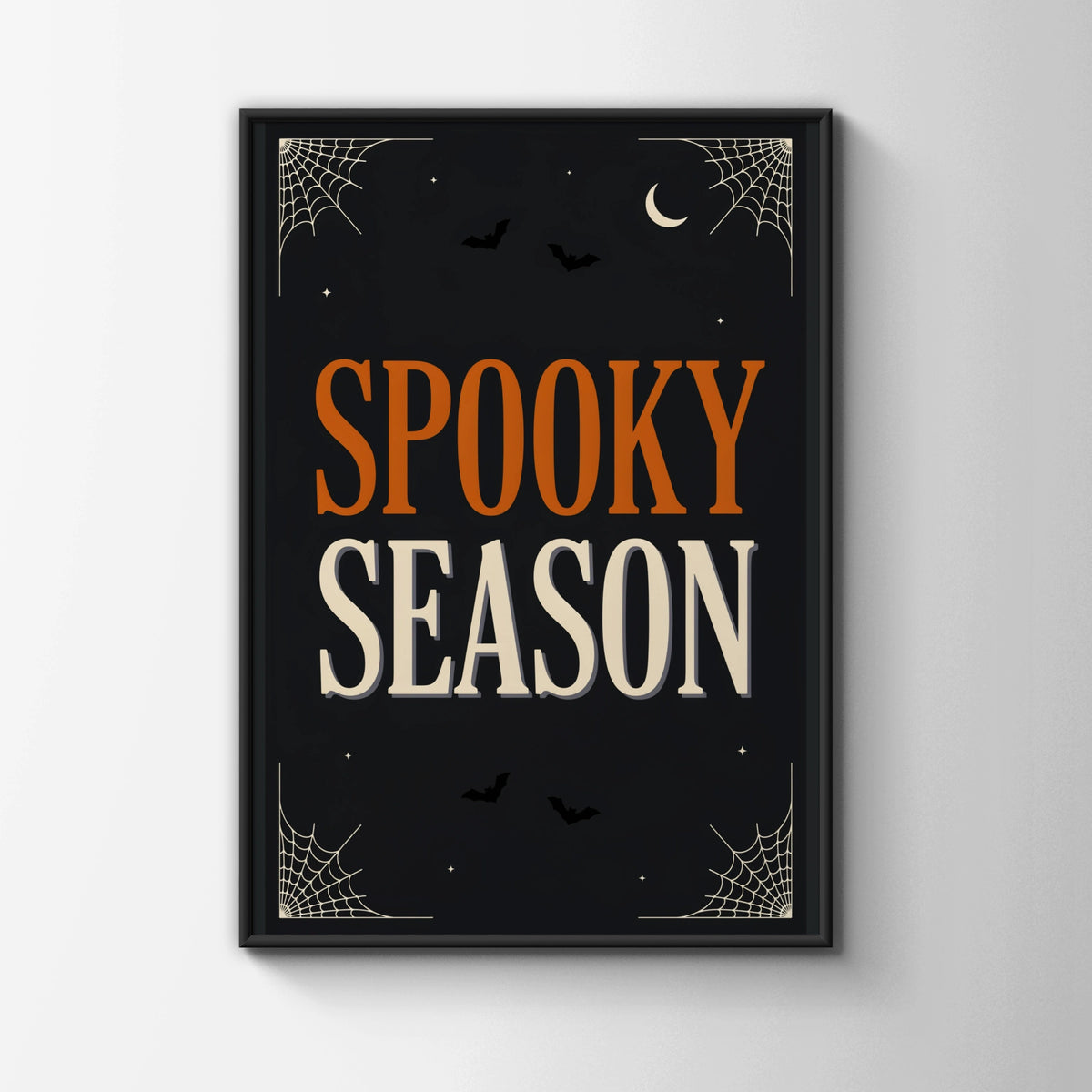 Spooky Season Halloween Poster, Black Orange Wall Art, Bat Spider Web Print, A3