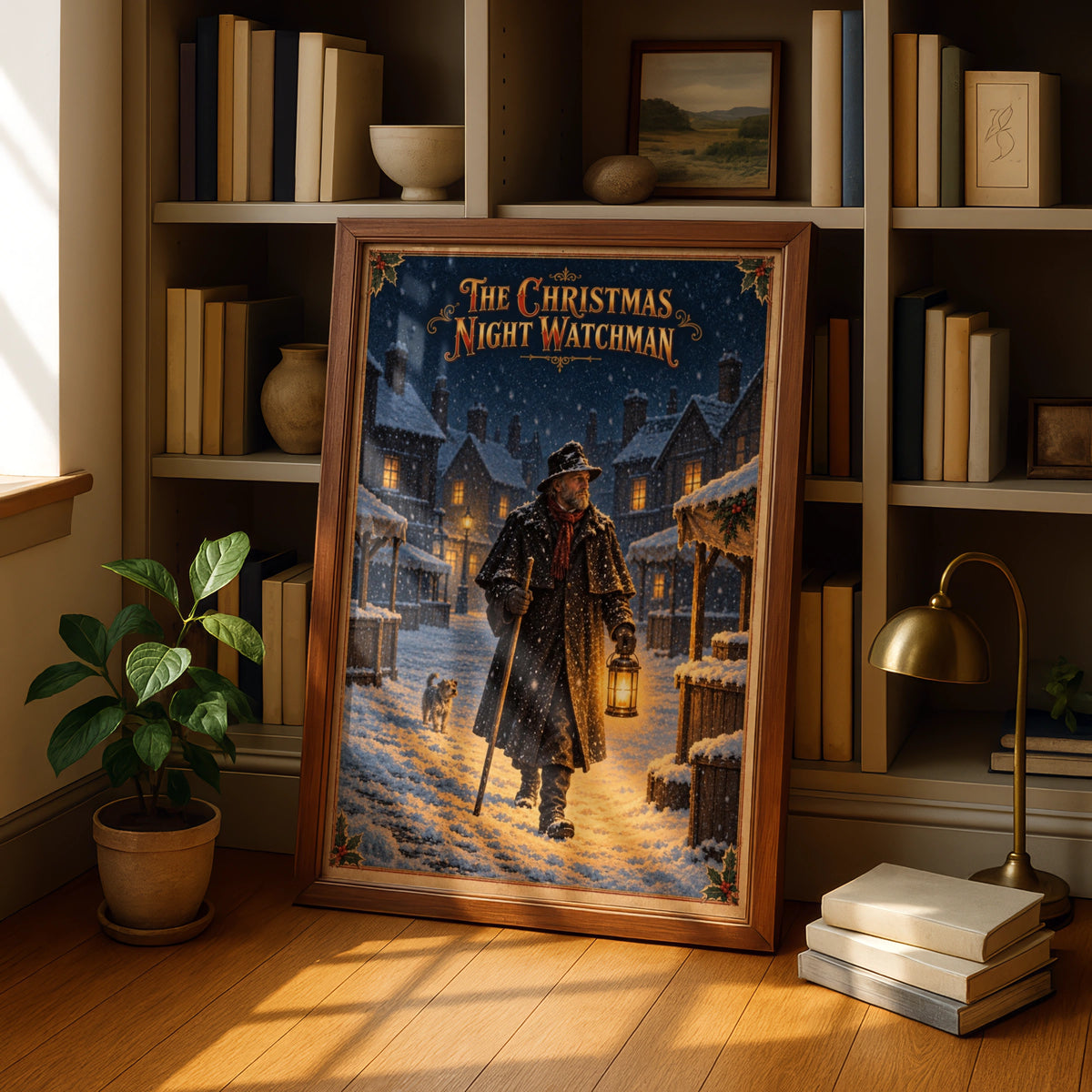 Victorian Christmas Night Watchman Poster, Snowy Village Wall Art, Vintage Festive Print