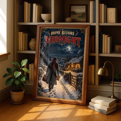 Home Before Midnight Winter Christmas Poster, Vintage Snowy Cottage Wall Art, Retro Holiday Print