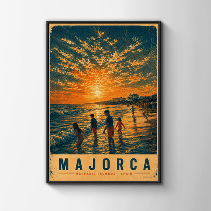 Majorca Vintage Travel Poster, Balearic Islands Spain Beach Sunset Wall Art Print