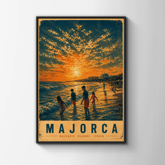 Majorca Vintage Travel Poster, Balearic Islands Spain Beach Sunset Wall Art Print