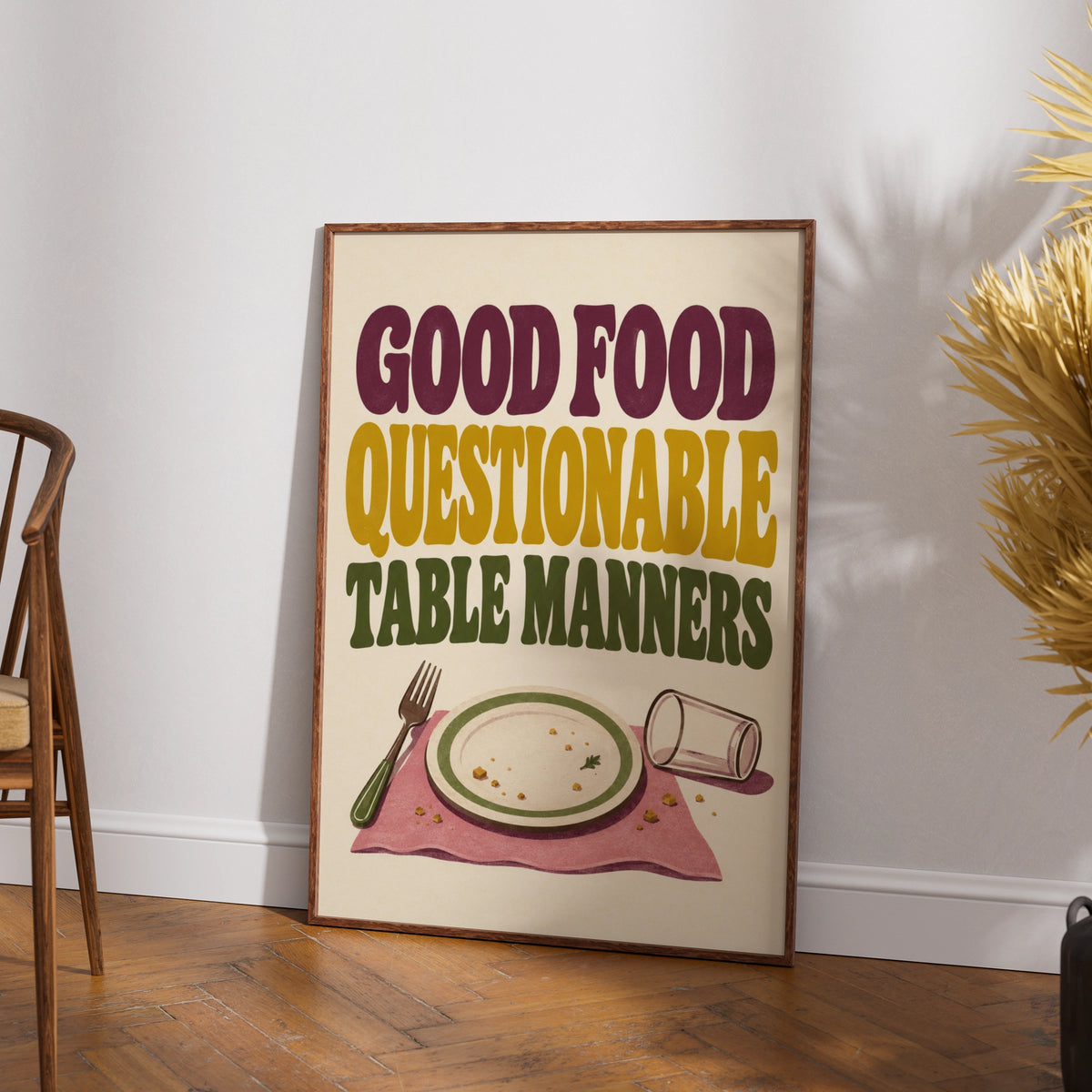 Good Food Questionable Table Manners Poster, Funny Kitchen Wall Art, Retro Dining