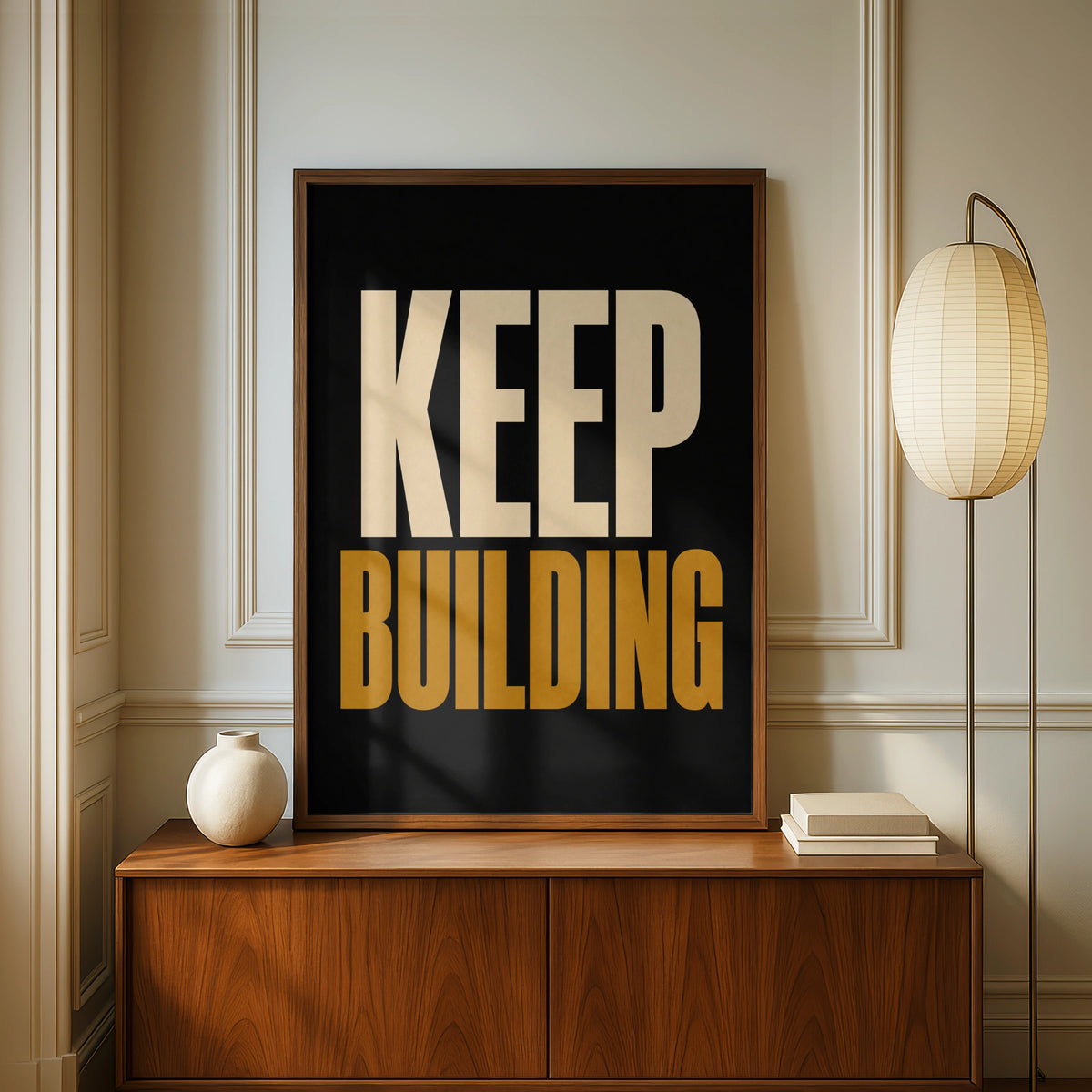 Keep Building Motivational Poster, Bold Typography Wall Art, Black Gold Office Print