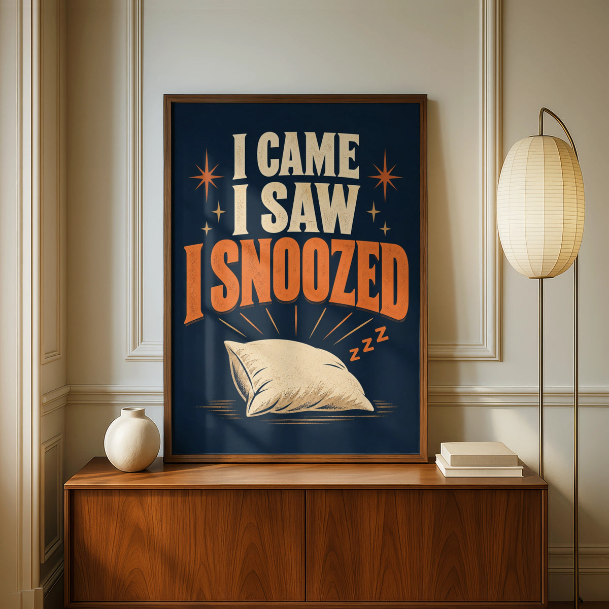 I Came I Saw I Snoozed Funny Sleep Quote Poster, Retro Navy Blue Wall Art Print