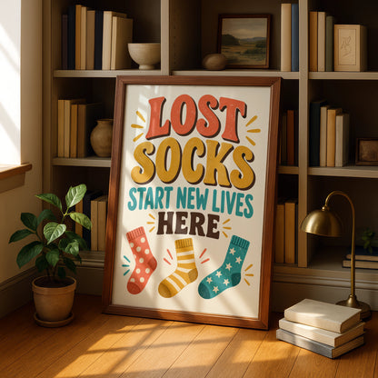 Lost Socks Start New Lives Here Funny Laundry Room Poster, Retro Humour Wall Art