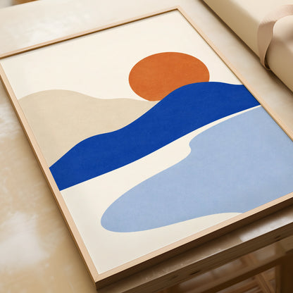 Cobalt Horizon Abstract Landscape Print, Minimalist Sunset Wall Art, Blue Orange Boho Poster