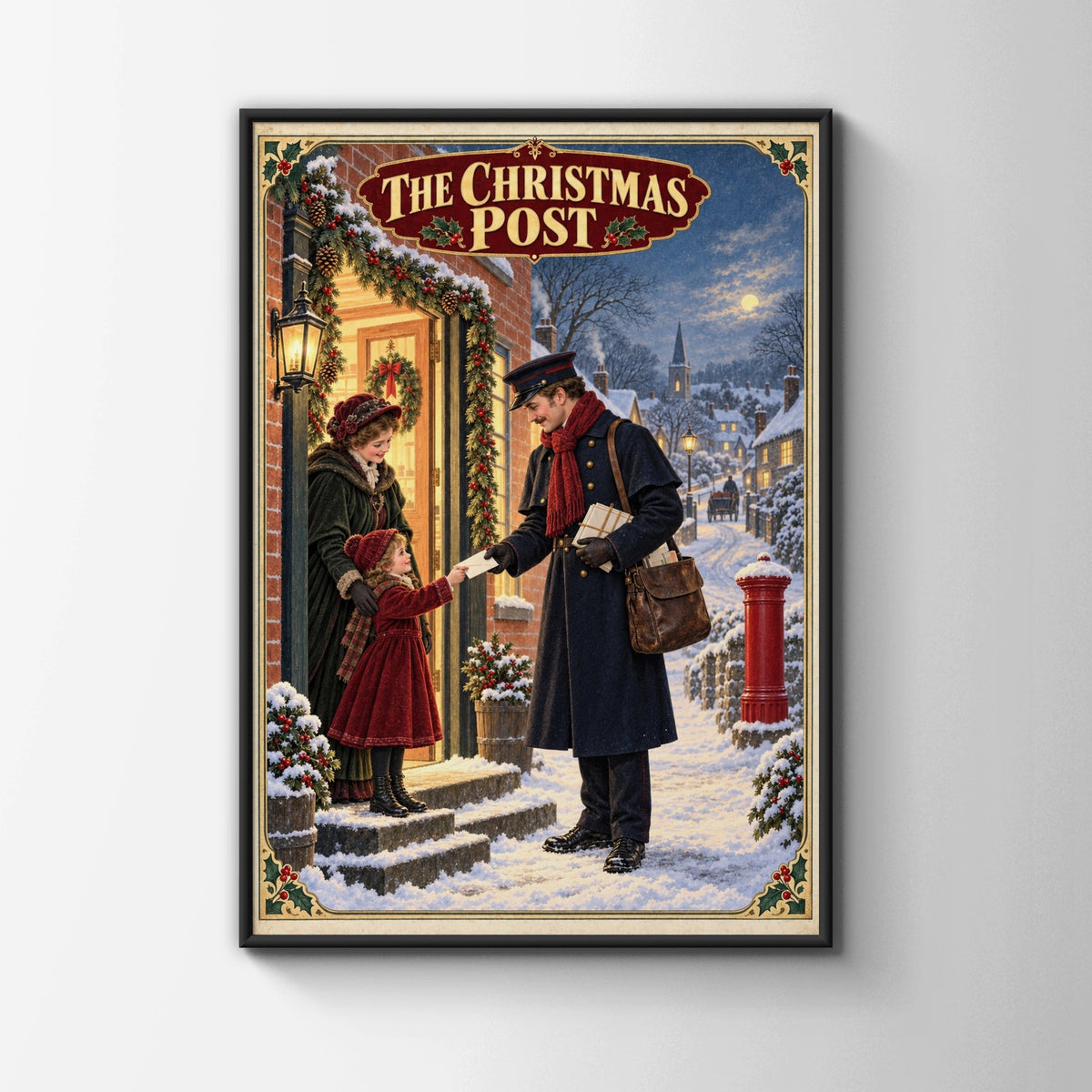 Victorian Christmas Postman Poster, Vintage Snowy Village Wall Art, Festive Holiday Print