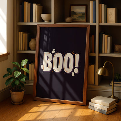 Boo Halloween Ghost Poster, Spooky Wall Art, Dark Purple Retro Typography Print