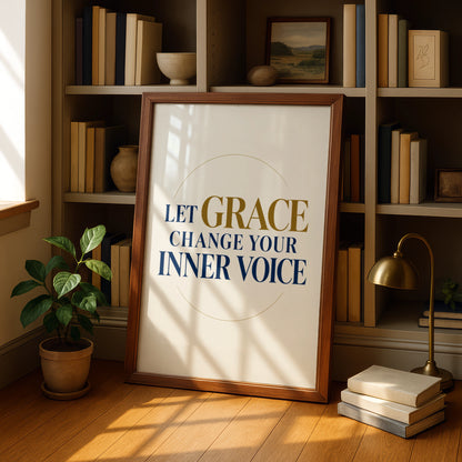 Let Grace Change Your Inner Voice Poster, Inspirational Quote Wall Art, Navy Gold