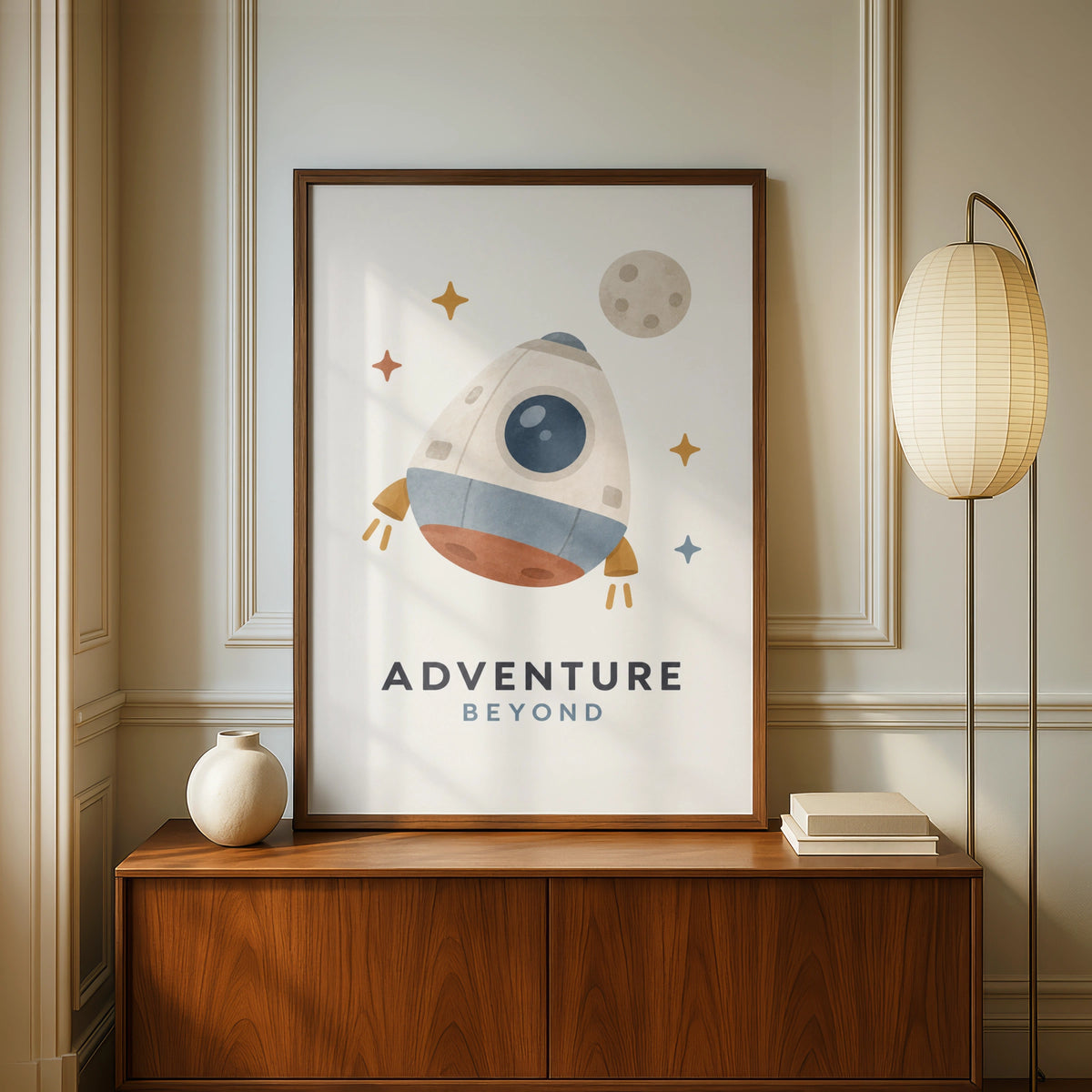 Adventure Beyond Space Rocket Poster, Kids Room Wall Art, Nursery Print, Boho Colours