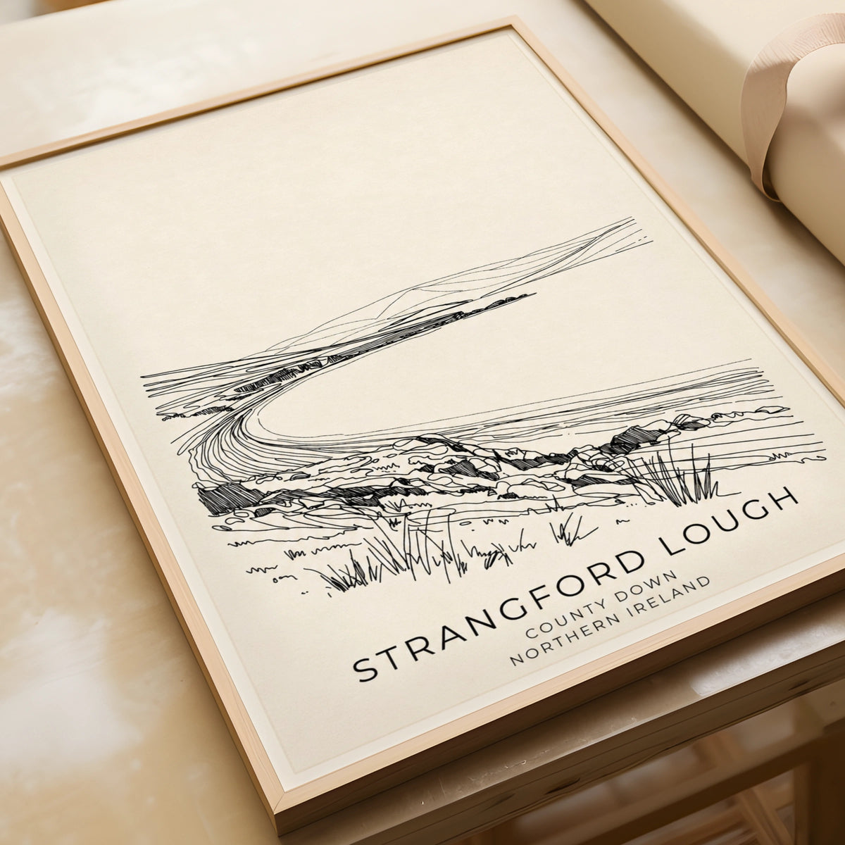 Strangford Lough Poster, County Down Northern Ireland Wall Art, Line Drawing Print