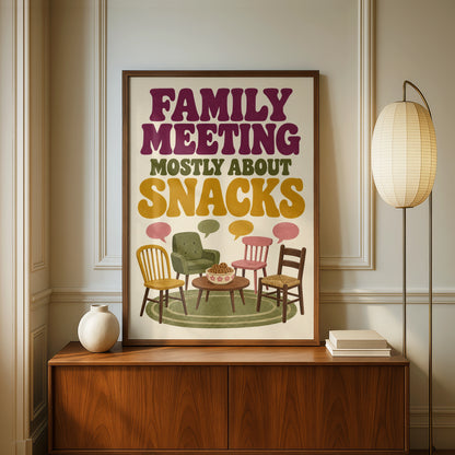 Family Meeting Mostly About Snacks Poster, Funny Kitchen Wall Art, Retro Home Print