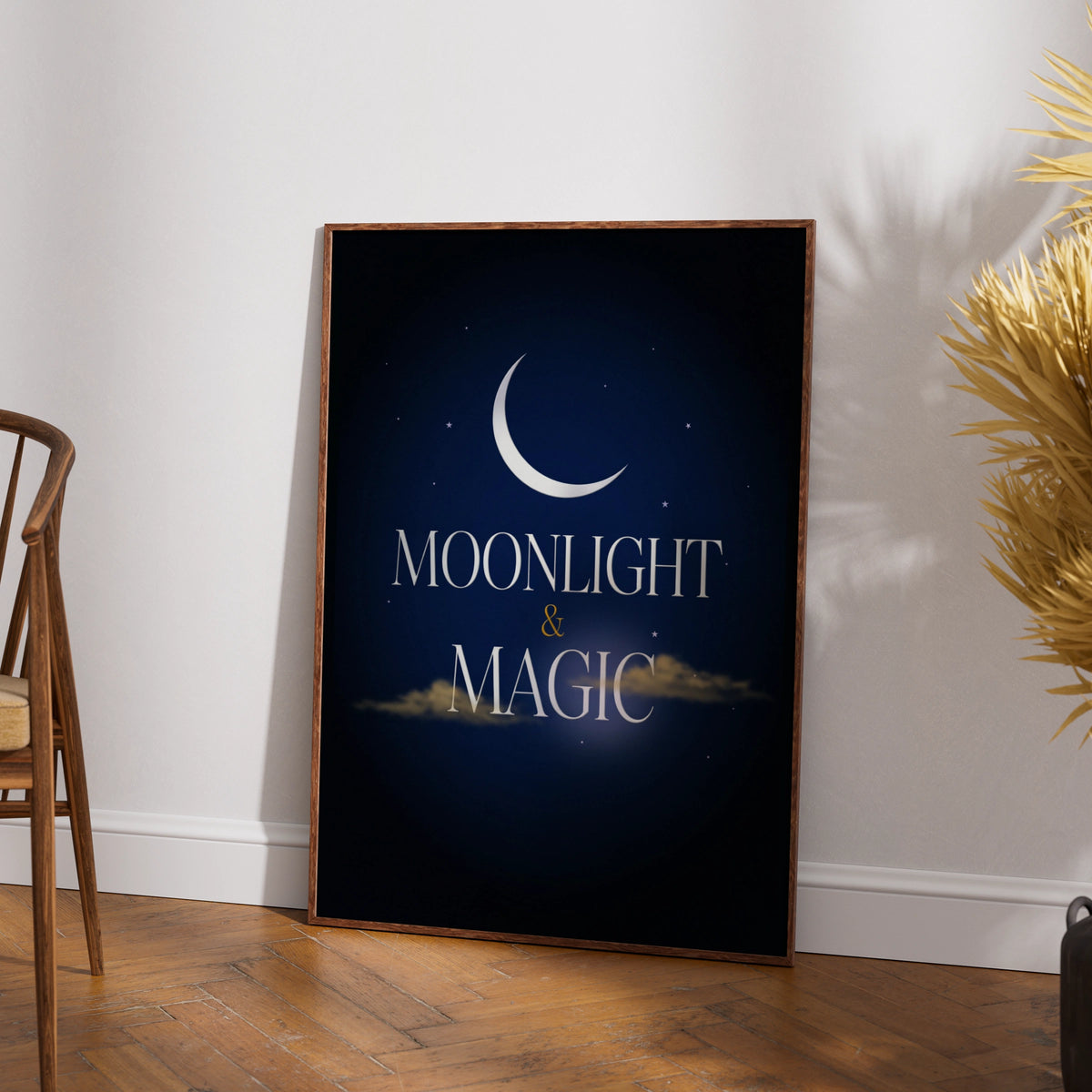 Moonlight and Magic Celestial Poster, Crescent Moon Night Sky Wall Art Print