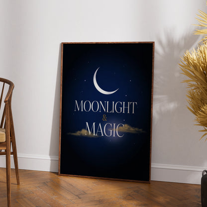 Moonlight and Magic Celestial Poster, Crescent Moon Night Sky Wall Art Print