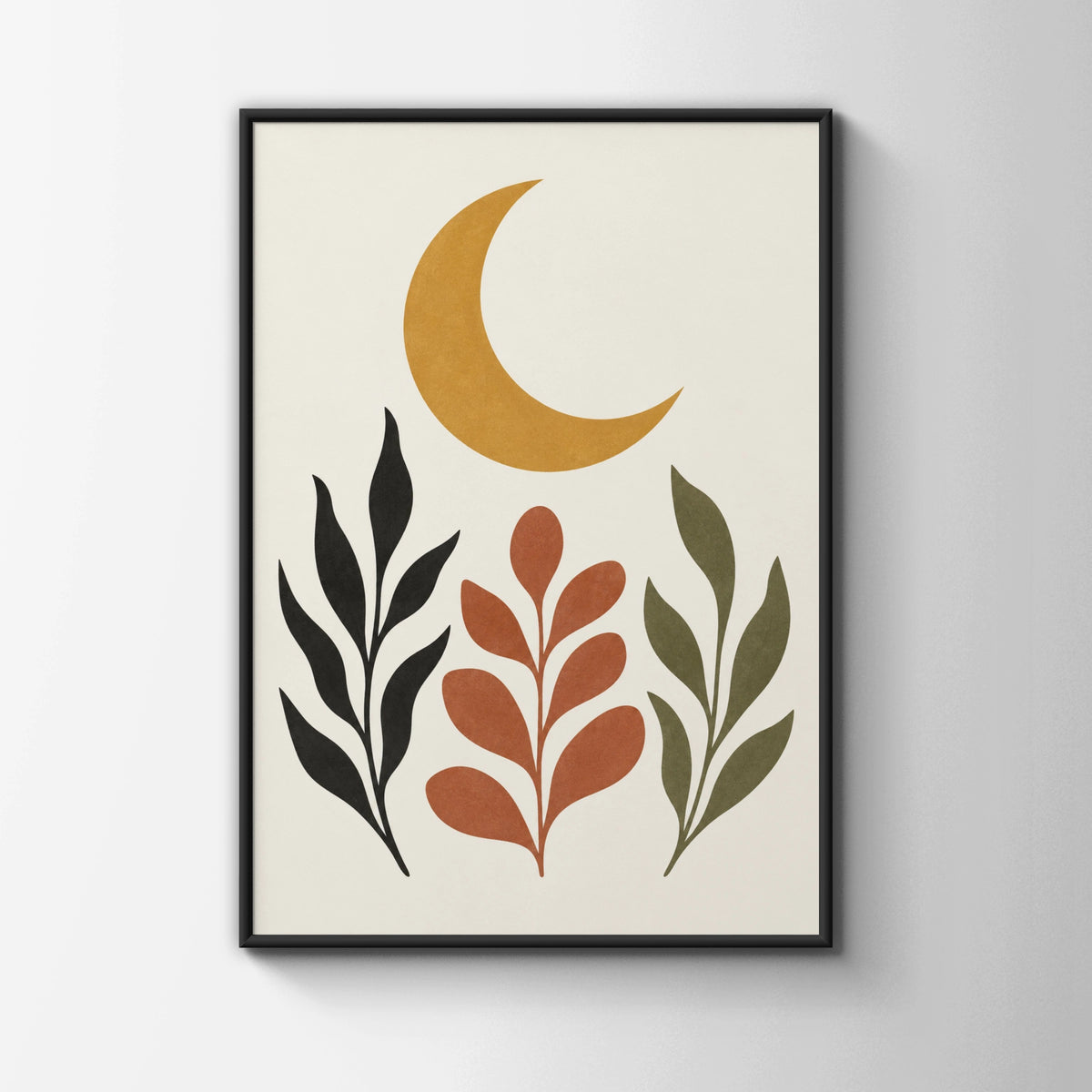 Ochre Moon Garden Botanical Poster, Boho Crescent Moon Wall Art, Terracotta Leaf Print