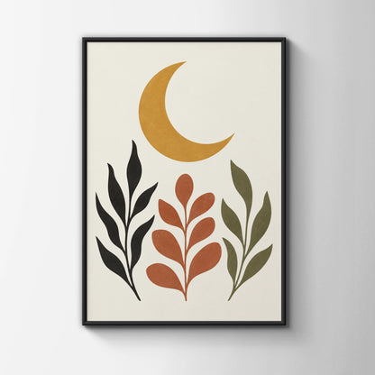 Ochre Moon Garden Botanical Poster, Boho Crescent Moon Wall Art, Terracotta Leaf Print