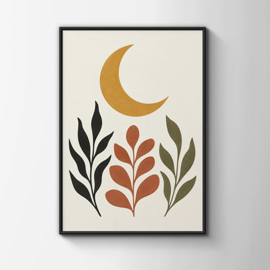 Ochre Moon Garden Botanical Poster, Boho Crescent Moon Wall Art, Terracotta Leaf Print