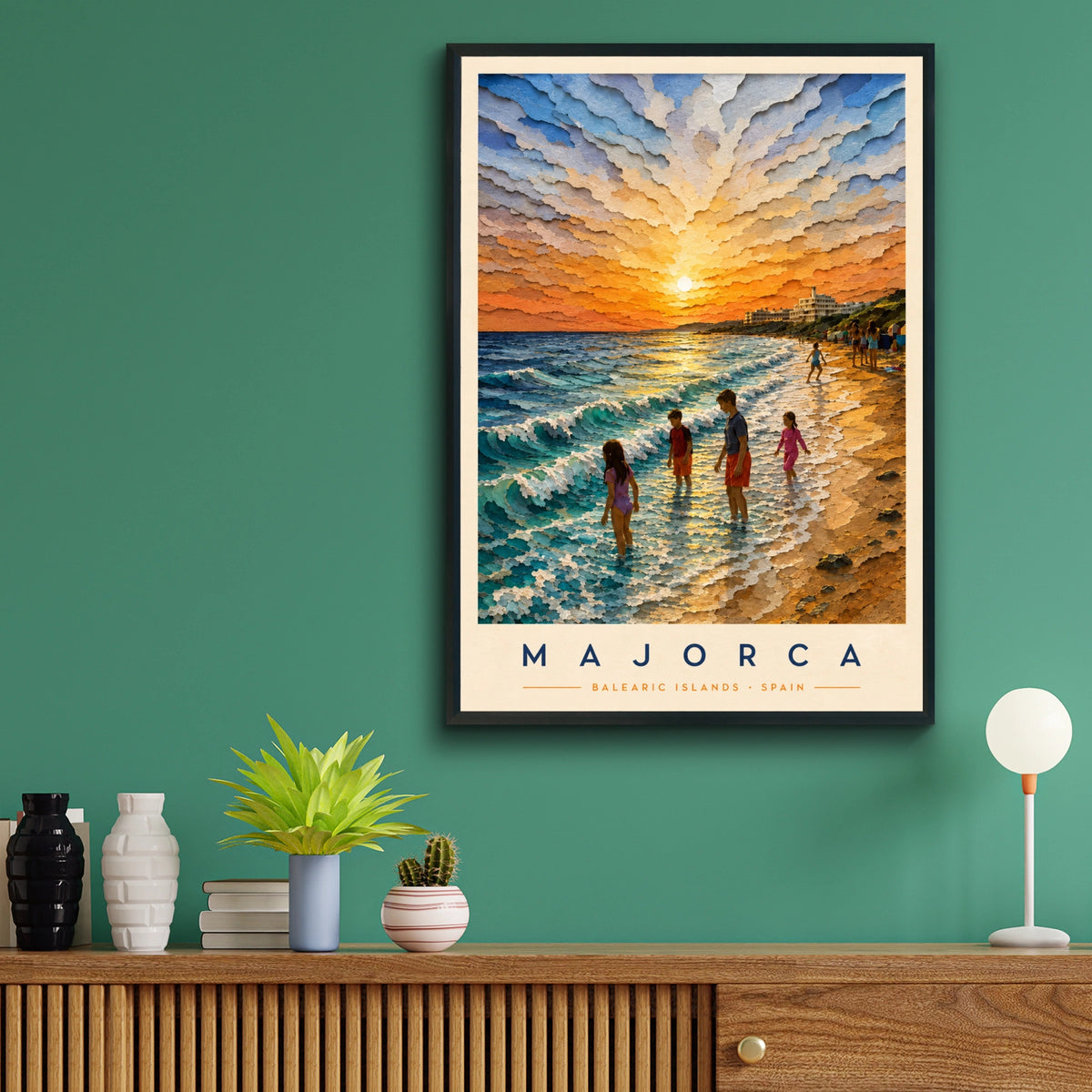 Majorca Travel Poster, Balearic Islands Spain Beach Sunset Wall Art Print