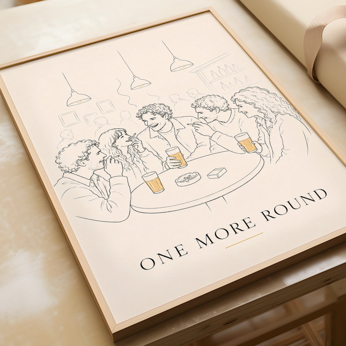 One More Round Pub Poster, Friends Bar Wall Art, Vintage Cream Line Drawing Print