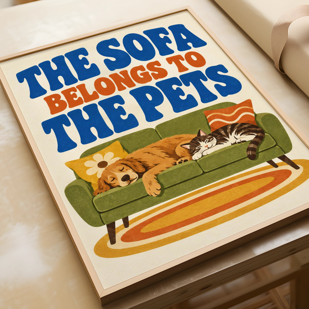 The Sofa Belongs To The Pets Poster, Retro Cat Dog Wall Art, Funny Pet Print