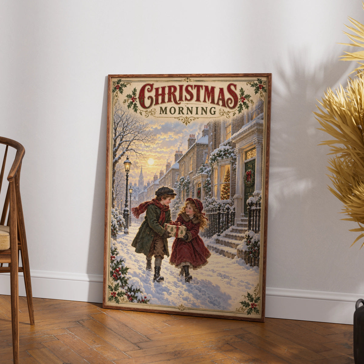 Victorian Christmas Morning Street Scene Poster, Vintage Snowy Children Wall Art Print