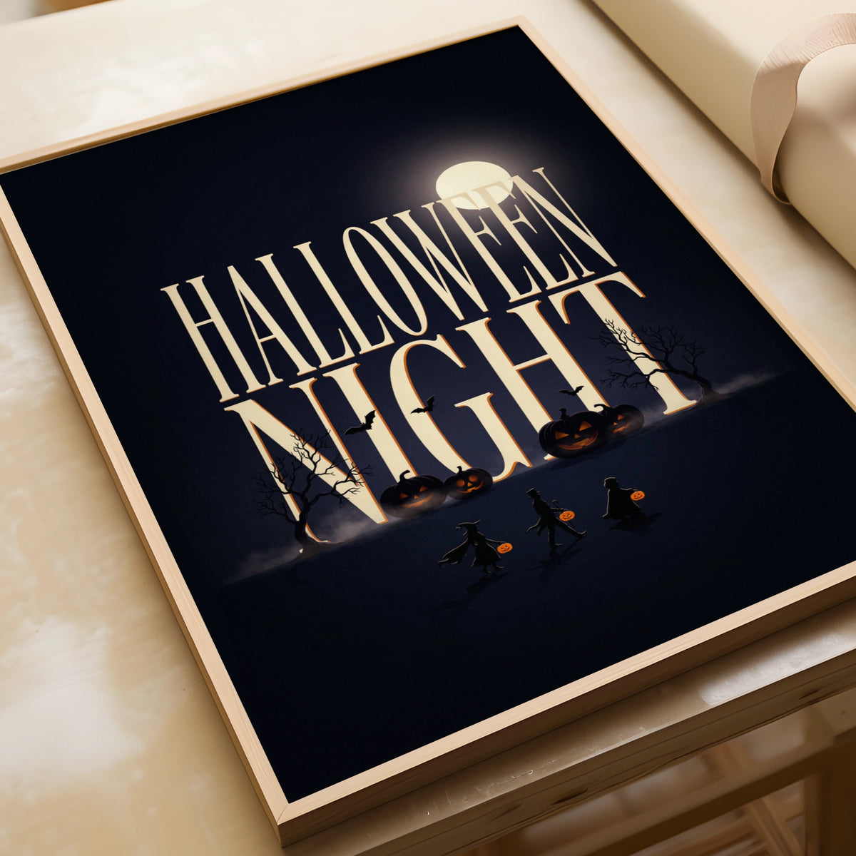 Halloween Night Poster, Spooky Wall Art, Dark Moon Pumpkin Print, Trick or Treat Decor