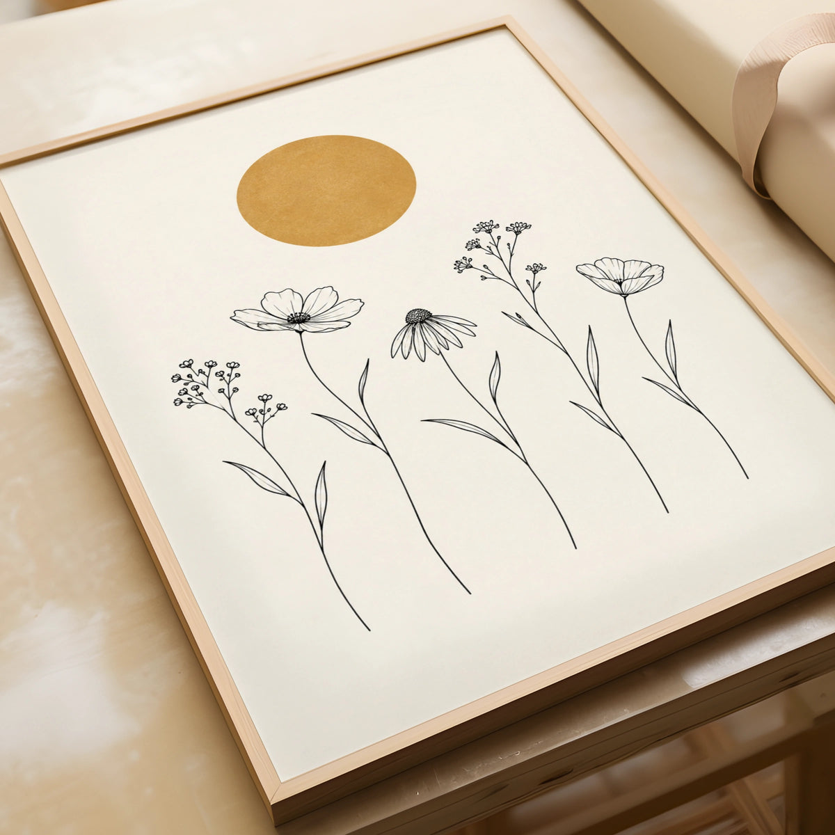 Wildflower Meadow Line Art Print, Gold Sun Botanical Wall Art, Minimalist Floral Poster