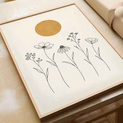 Wildflower Meadow Line Art Print, Gold Sun Botanical Wall Art, Minimalist Floral Poster