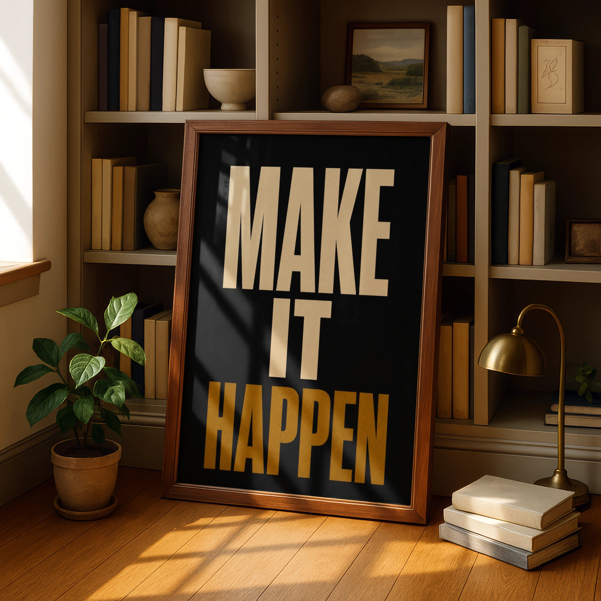 Make It Happen Motivational Quote Poster, Black Gold Bold Typography Wall Art