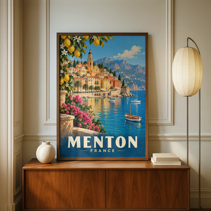 Menton France Travel Poster, French Riviera Wall Art, Vintage Mediterranean Print