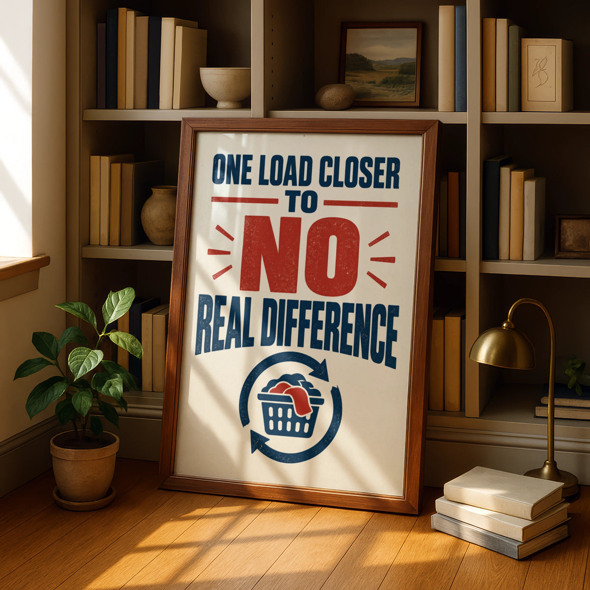 Funny Laundry Room Poster, One Load Closer Quote, Navy Red Vintage Typography Print