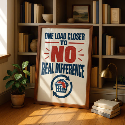 Funny Laundry Room Poster, One Load Closer Quote, Navy Red Vintage Typography Print