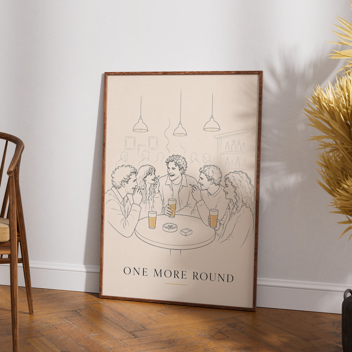 One More Round Pub Poster, Friends Bar Wall Art, Vintage Cream Line Drawing Print