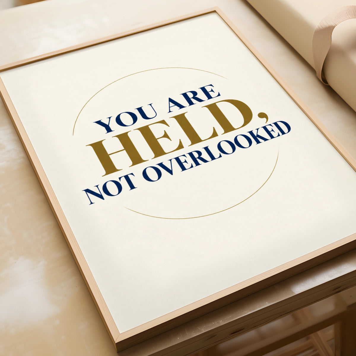 You Are Held Not Overlooked Poster, Navy Gold Faith Quote Wall Art Print