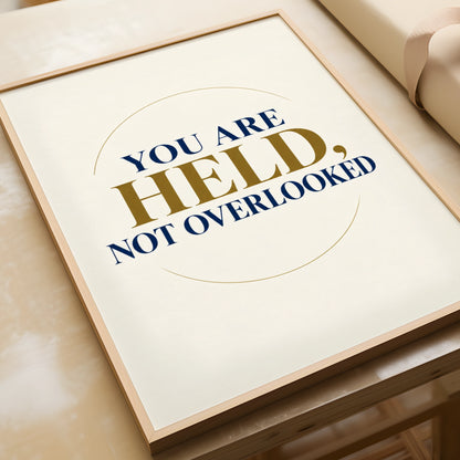 You Are Held Not Overlooked Poster, Navy Gold Faith Quote Wall Art Print