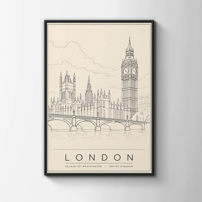 London Travel Poster, Big Ben Wall Art, Palace of Westminster Line Art Print, UK City