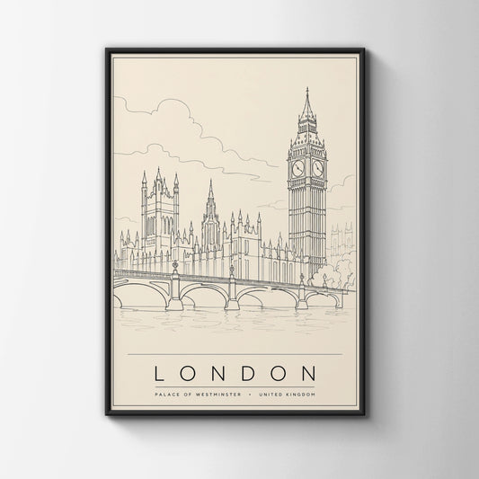 London Travel Poster, Big Ben Wall Art, Palace of Westminster Line Art Print, UK City