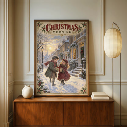 Victorian Christmas Morning Street Scene Poster, Vintage Snowy Children Wall Art Print