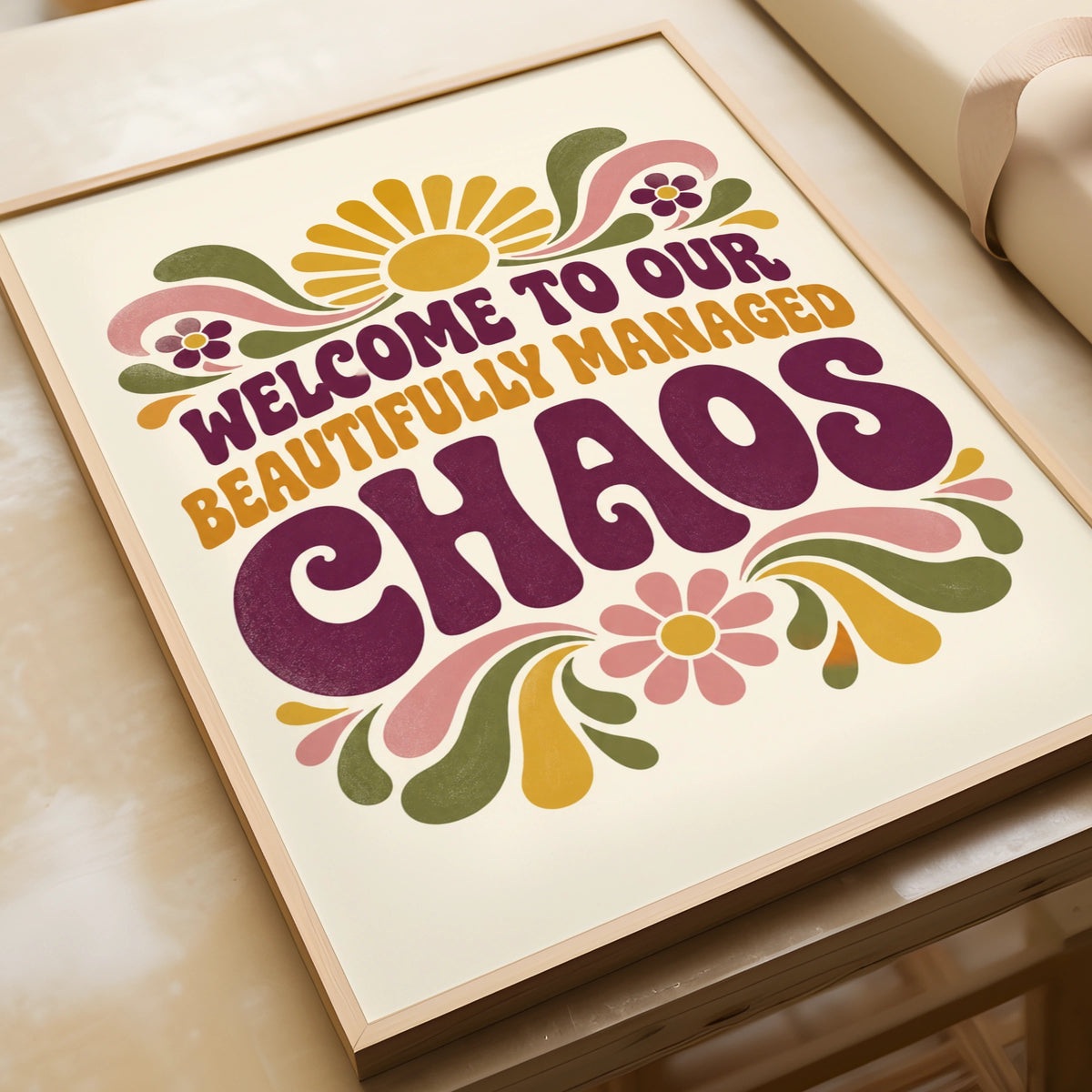 Beautifully Managed Chaos Retro Quote Print, Funny Home Wall Art, 70s Groovy