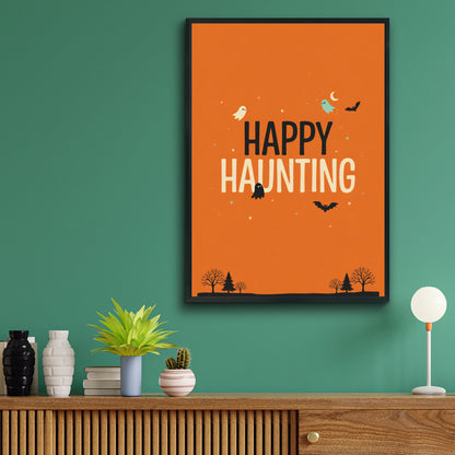 Happy Haunting Halloween Poster, Ghost Bat Orange Wall Art, Spooky Season Print