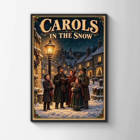 Carols in the Snow Victorian Christmas Poster, Festive Carol Singers Wall Art Print