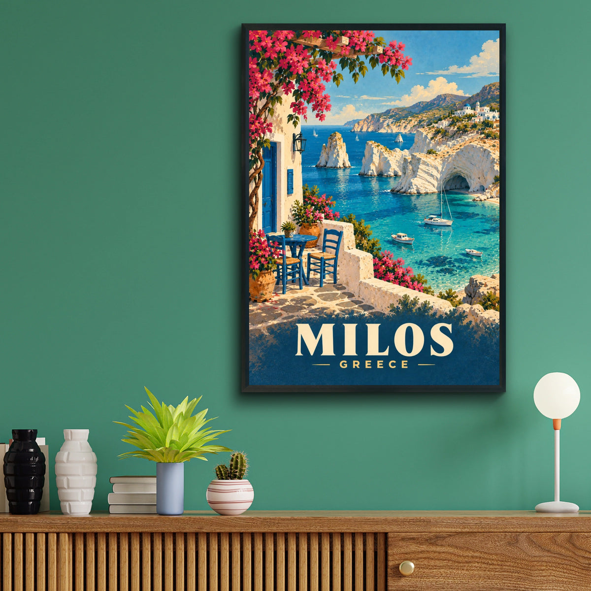 Milos Greece Travel Poster, Greek Island Wall Art, Mediterranean Sea Print, Vintage Style