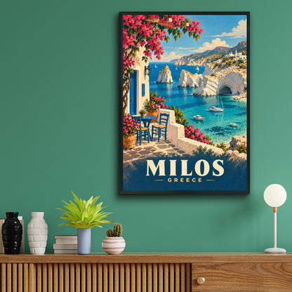 Milos Greece Travel Poster, Greek Island Wall Art, Mediterranean Sea Print, Vintage Style